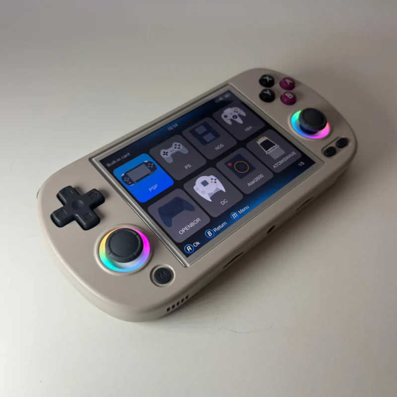 Consola retro portátil Anbernic RG40XXH gris vista frontal con pantalla IPS