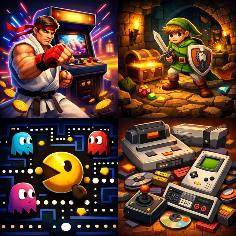 Juegos clásicos de consolas retro portátiles como Pac-Man, arcade y aventuras